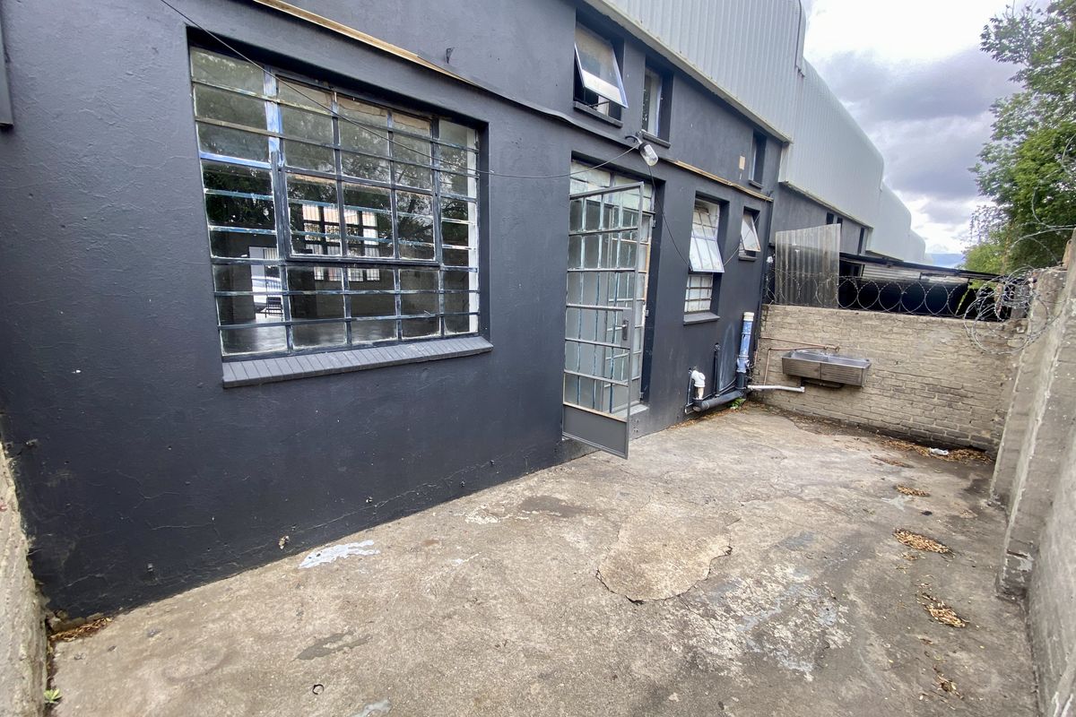 Rear exterior area of an industrial property featuring concrete paving, a utility sink, and steel-framed windows and doors against a dark-painted facade.