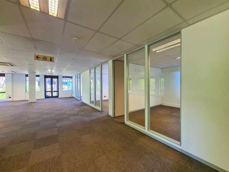 Open plan office space featuring glass partitioned private offices, suspended ceilings, and carpeted flooring.