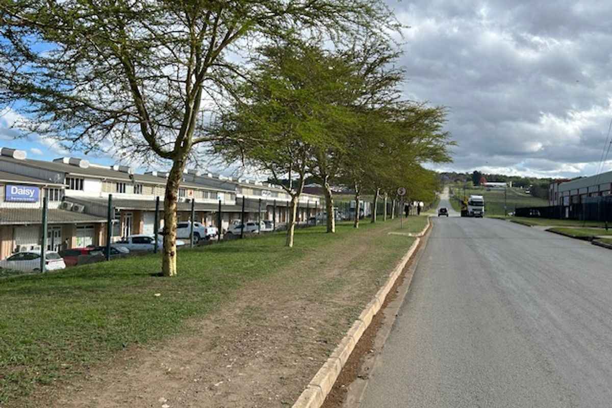 Street view of a commercial industrial park featuring a row of units with parking, mature trees, and direct road access.