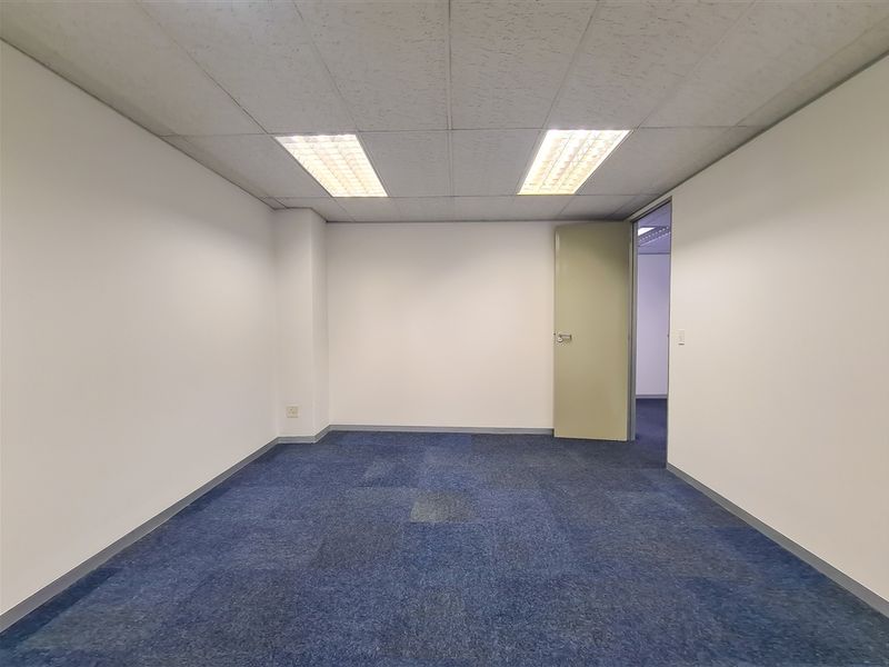 A clean, empty office space featuring blue carpet tiles, a suspended ceiling with recessed lighting, and neutral white walls.