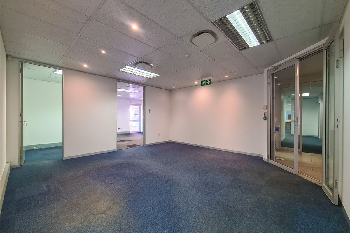 An empty office space featuring a suspended ceiling with recessed lighting, blue carpet flooring, and glass partition doors leading to adjacent rooms.