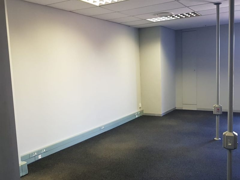 An empty office space featuring a suspended ceiling with recessed lighting, perimeter trunking for electrical connectivity, and carpeted flooring.