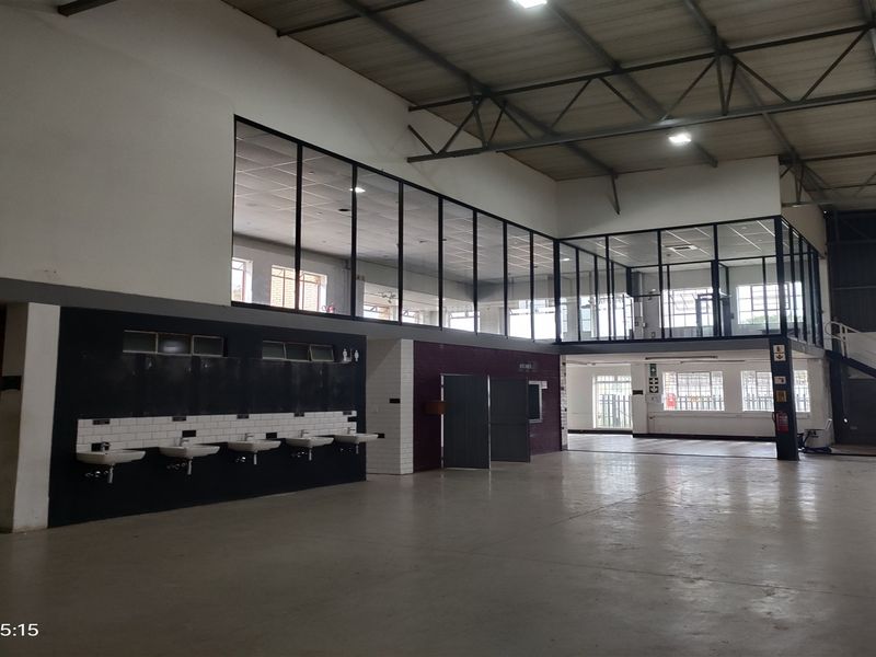 Spacious industrial utility area featuring a mezzanine level with glass partitioning, concrete flooring, and a row of wall-mounted wash basins.