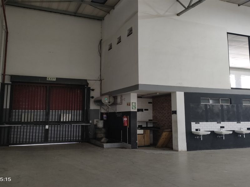 Industrial utility space featuring a large roller shutter door, multiple wall-mounted wash basins with subway tile splashbacks, and an integrated mezzanine level.