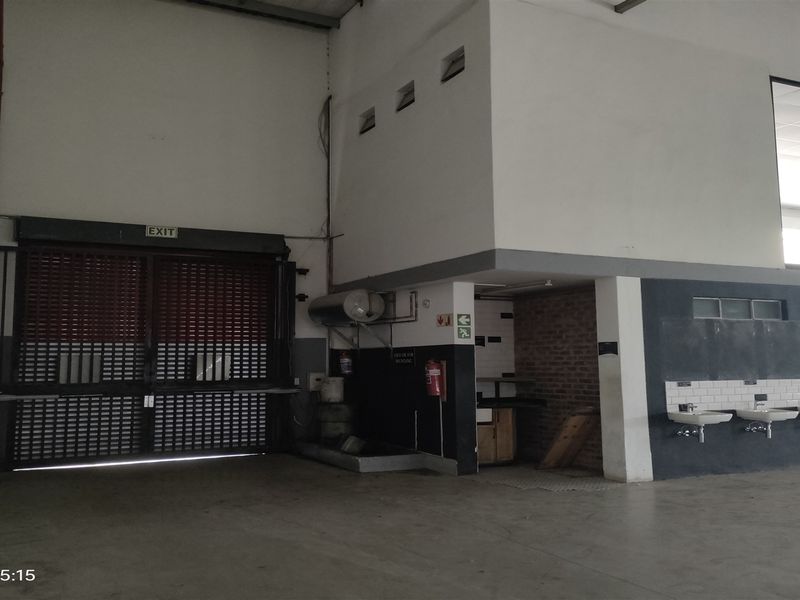Industrial utility space featuring a large roller shutter door, multiple wall-mounted wash basins, and high-volume ceilings with exposed brick elements.
