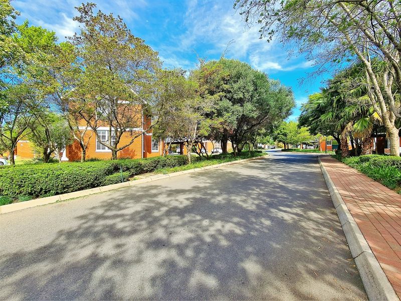 A view of the office park access road featuring mature trees, landscaped garden beds, and paved walkways.