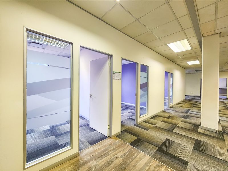 A bright office hallway featuring carpet tiles, suspended ceilings with recessed lighting, and multiple glass-partitioned office rooms.