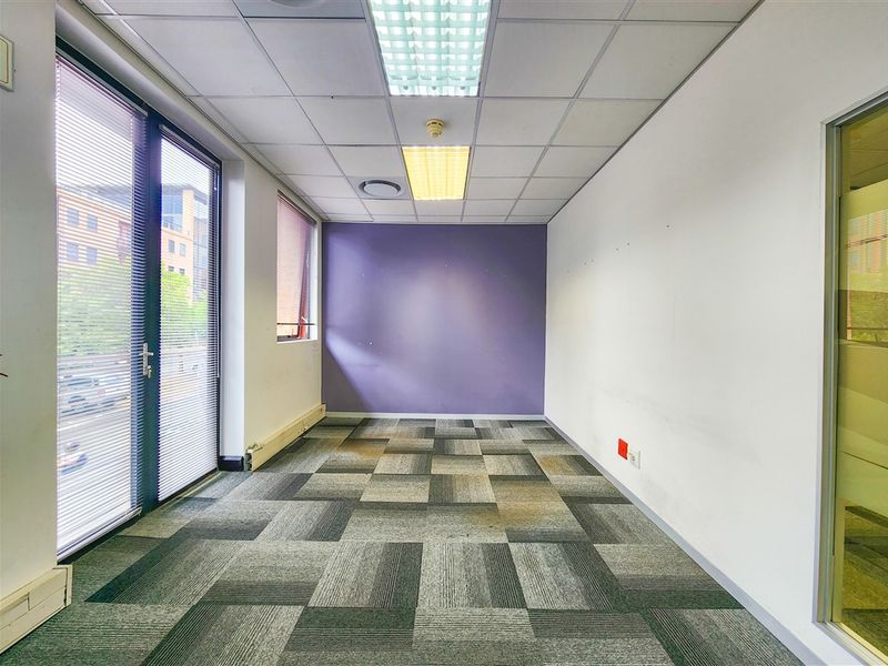 An empty office space featuring a suspended ceiling, carpet tile flooring, and a glass partition wall with natural light from large windows.