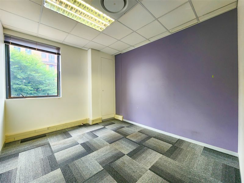An empty office space featuring carpet tiles, a suspended ceiling with integrated lighting, and a large window with blinds.