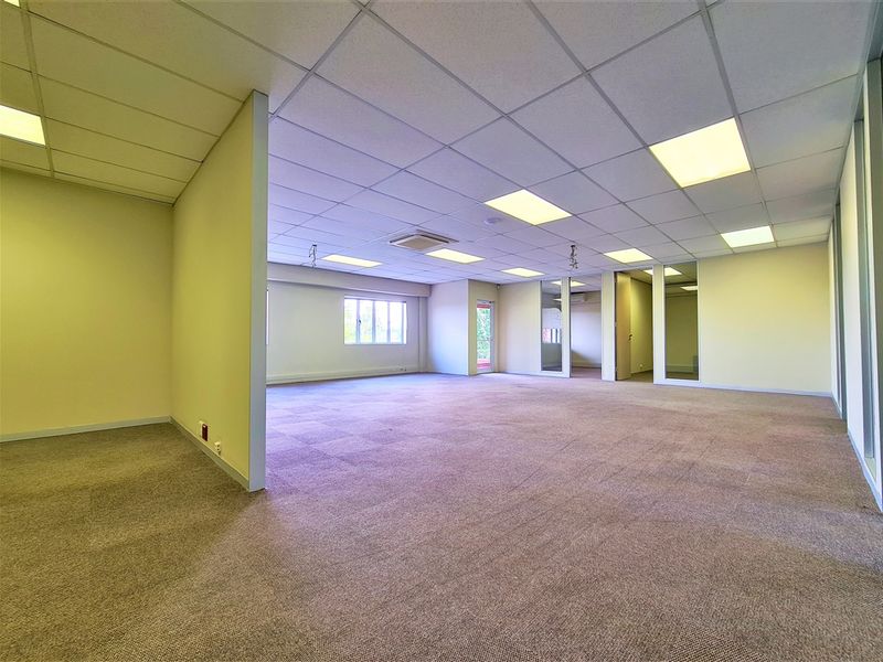 Spacious, open-plan office area featuring suspended ceilings, recessed lighting, carpeted flooring, and glass partition walls, providing a versatile and professional workspace.