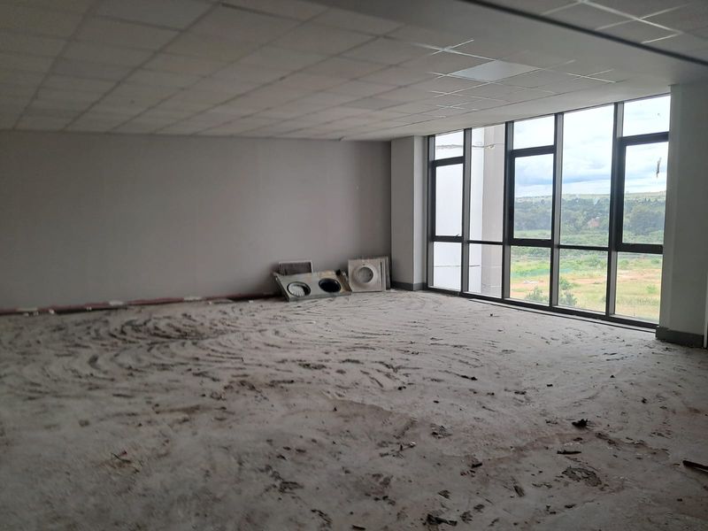 An empty, unfinished office space featuring large floor-to-ceiling windows with natural light and a suspended ceiling, requiring flooring and finishing work.
