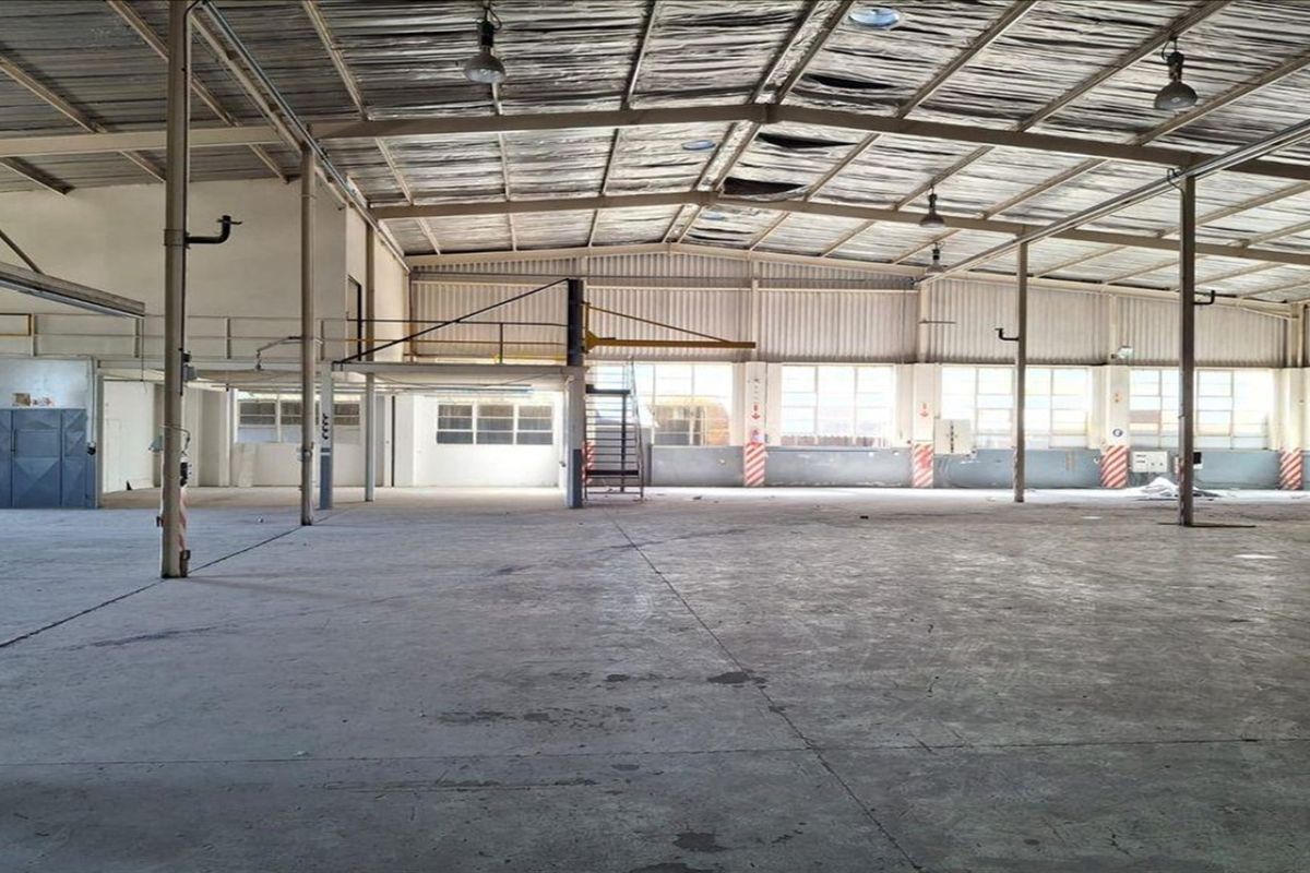 Spacious industrial warehouse featuring high ceilings, exposed steel structure, concrete flooring, and a mezzanine level, suitable for various commercial or storage applications.