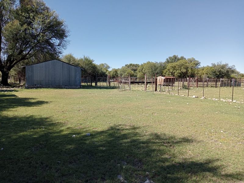 A rural farm yard featuring a corrugated metal shed and extensive wire livestock fencing set within a grassy paddock area.