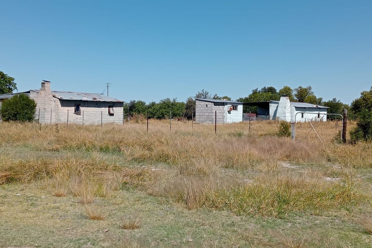 A view of multiple outbuildings on a farm property, featuring cinder block construction, metal roofing, and brick chimneys set within a large open field.