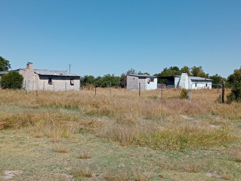 A view of multiple outbuildings on a farm property, featuring cinder block construction, metal roofing, and brick chimneys set within a large open field.