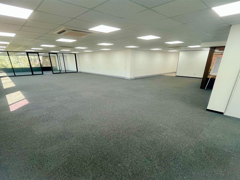 A spacious, open-plan office area featuring a suspended ceiling with recessed LED lighting, carpeted flooring, and large glass partitions providing natural light.