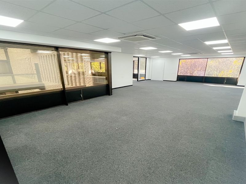 A spacious, open-plan office area featuring neutral carpeting, a suspended ceiling with recessed lighting, and large glass partitions providing natural light.