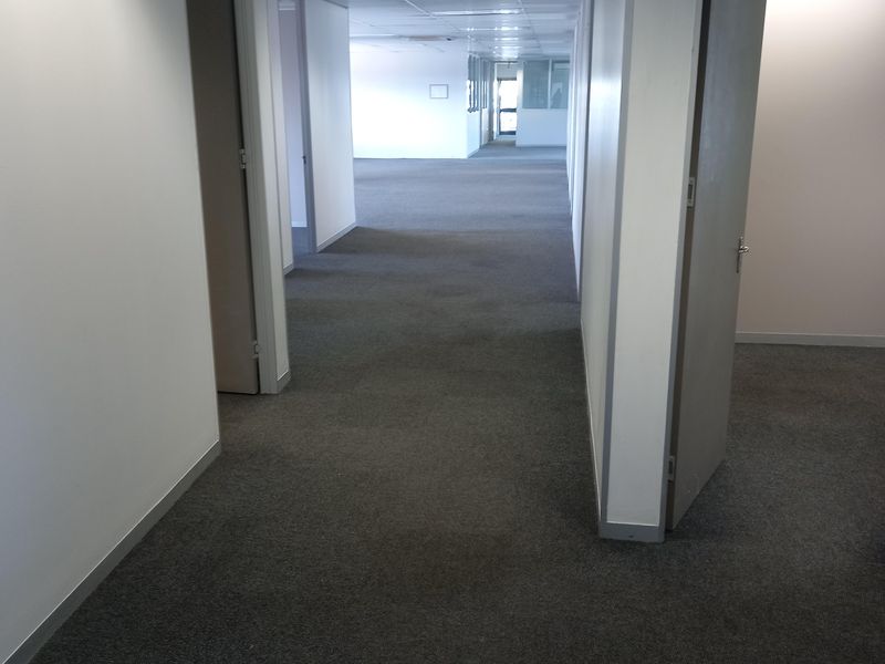 A long, vacant office hallway featuring neutral carpeting, suspended ceilings with recessed lighting, and multiple access points to adjacent office spaces.
