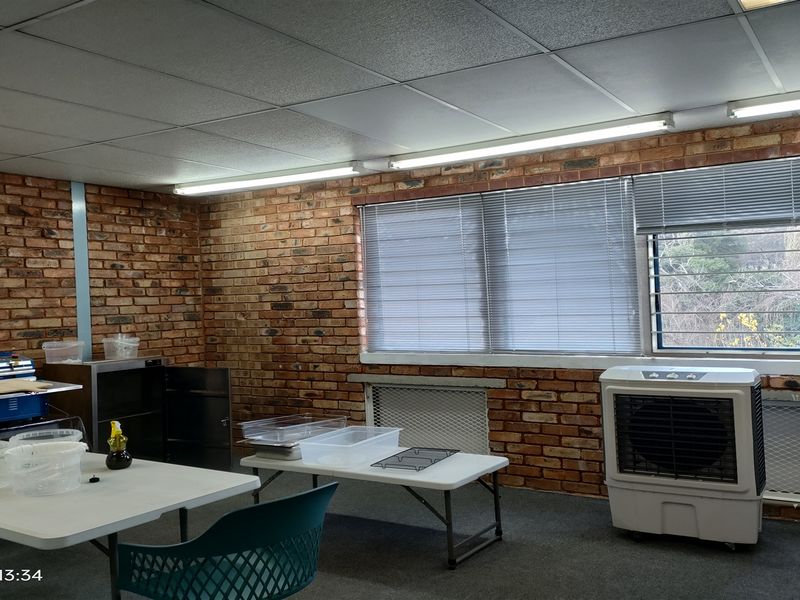 Functional industrial utility space featuring exposed brick walls, suspended ceiling with fluorescent lighting, and large windows with security bars.
