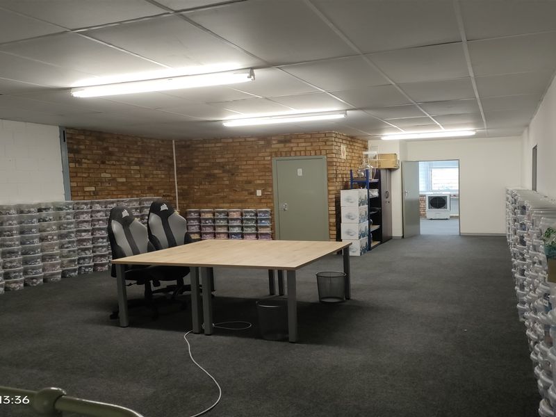 A spacious industrial utility area featuring exposed brick walls, suspended ceiling with fluorescent lighting, and carpeted flooring, suitable for storage or workspace.