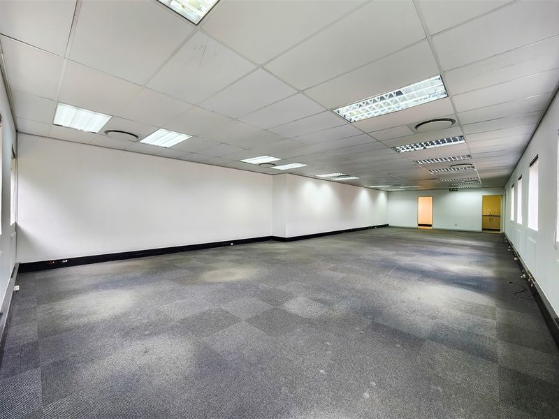 A spacious, vacant open-plan office area featuring suspended ceilings with recessed lighting and carpeted flooring, ready for custom fit-out.