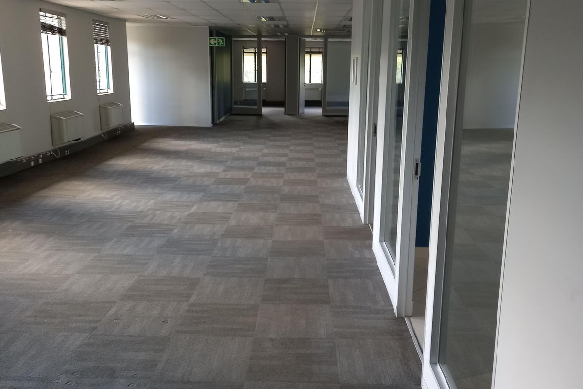 Spacious open-plan office area featuring modular carpet flooring, recessed ceiling lighting, and glass-partitioned private office enclosures.