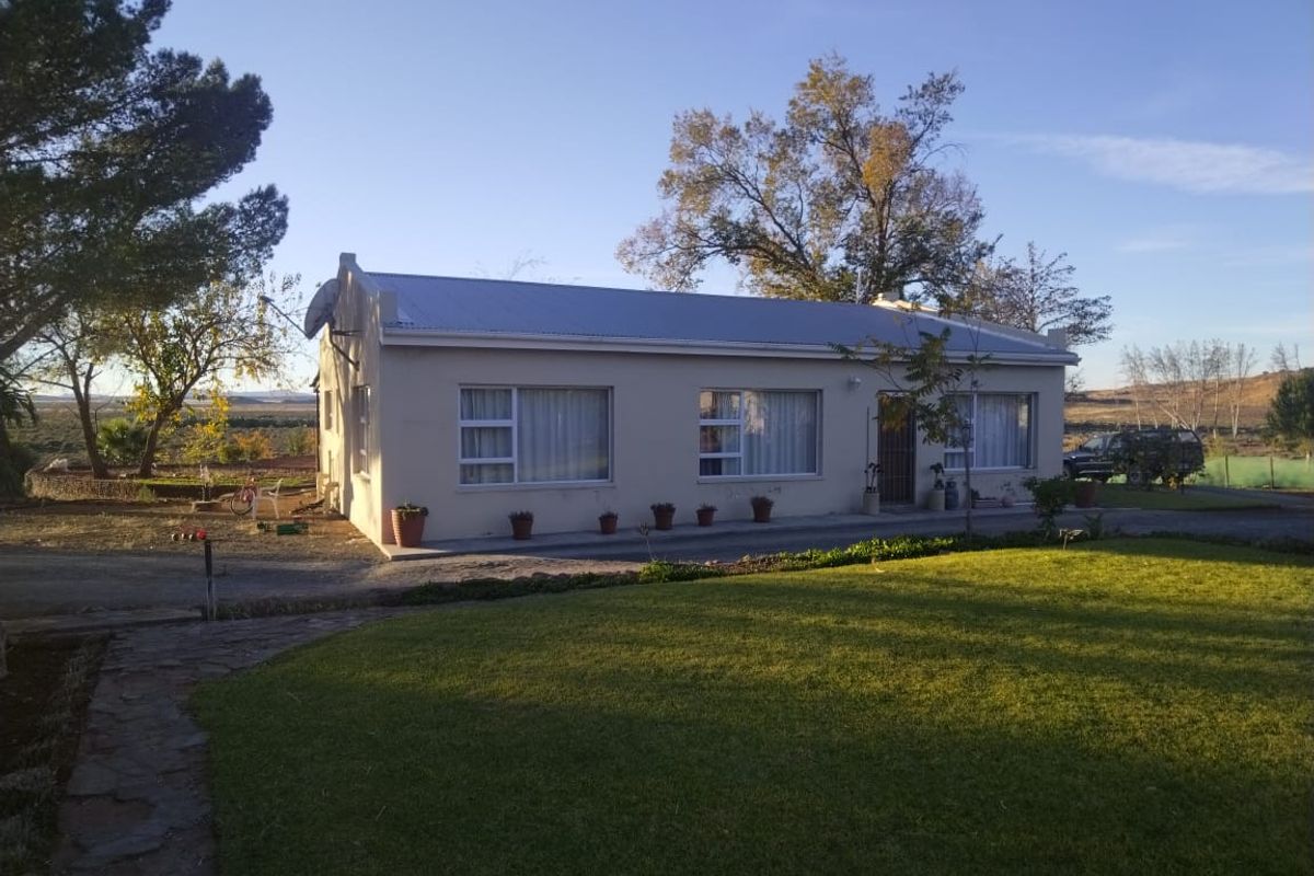 A view of the rear elevation of a farm-style dwelling featuring a metal roof, aluminum windows, and a well-maintained lawn area.