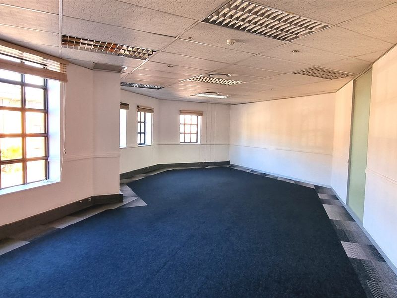 A spacious, empty office area featuring large grid windows, suspended ceilings with recessed lighting, and dark carpet flooring.