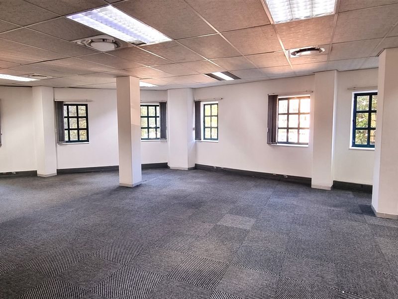 A spacious, open-plan office area featuring carpeted flooring, structural columns, and multiple windows providing natural light.