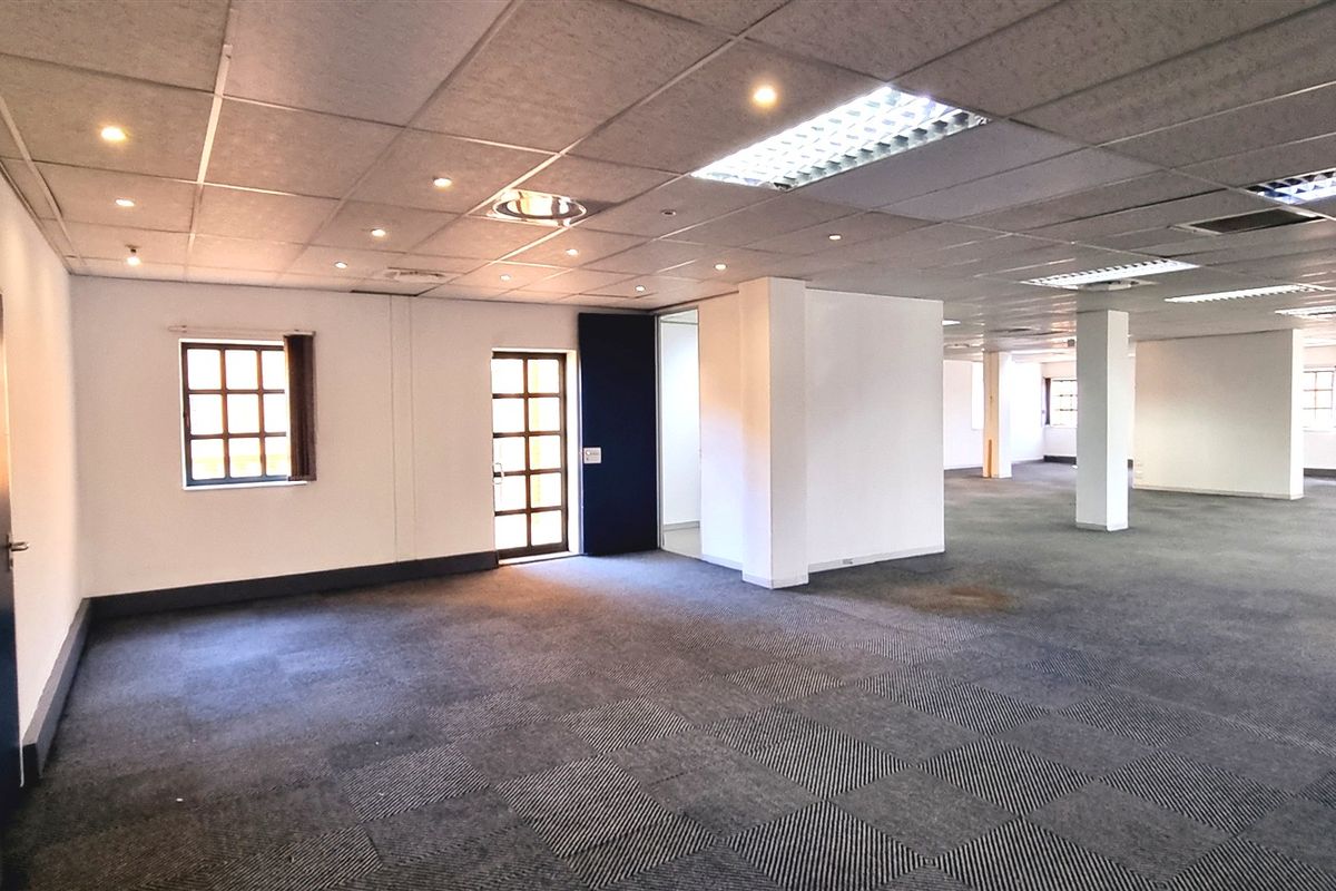 Spacious open-plan office area featuring suspended ceilings, recessed lighting, and carpeted flooring with multiple windows providing natural light.
