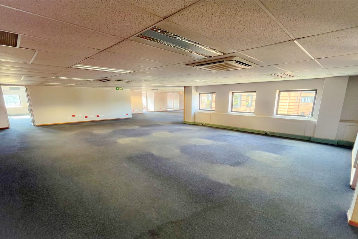 A large, vacant open-plan office space featuring a suspended ceiling, recessed lighting, integrated air conditioning, and worn carpeting throughout.