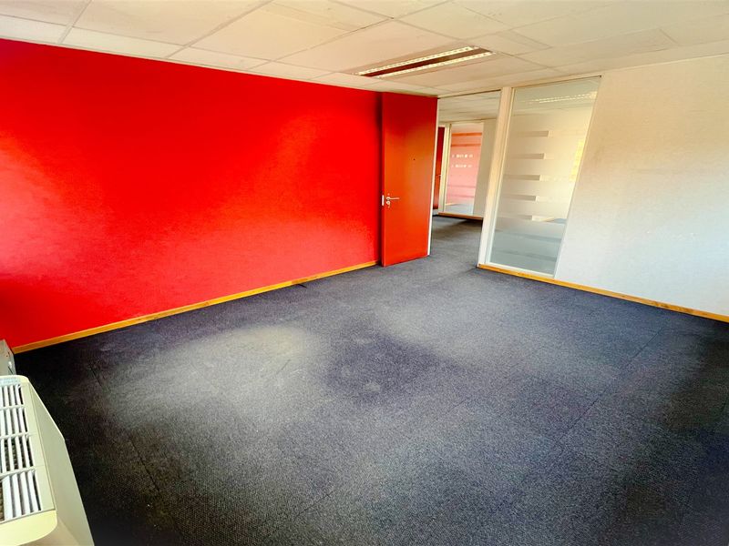 An empty office space featuring a bold red accent wall, carpeted flooring, a glass partition, and a suspended ceiling with integrated lighting.