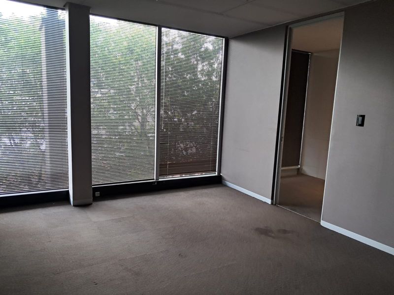 An empty office space featuring large floor-to-ceiling windows with venetian blinds, carpeted flooring, and neutral wall finishes.