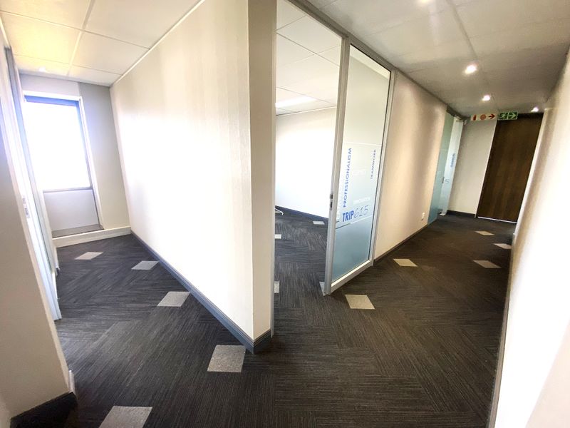 A bright, modern office space featuring glass partitions, carpet tiles, and a suspended ceiling, offering a clean and professional environment.