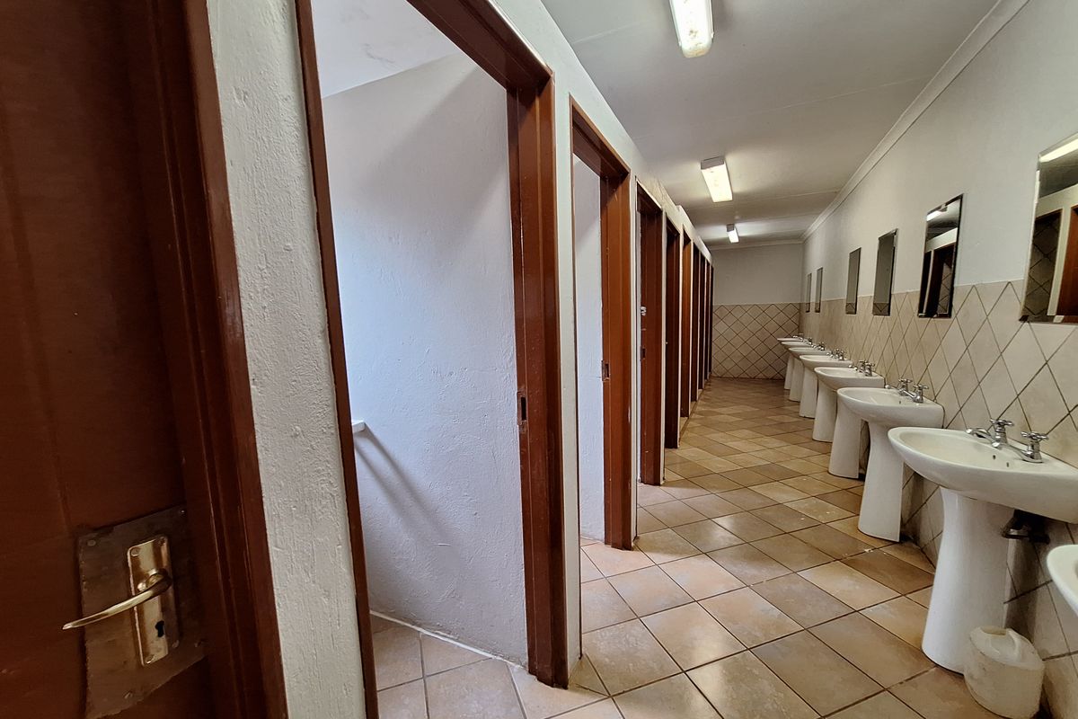 A communal bathroom facility featuring multiple pedestal wash basins, tiled flooring, and individual cubicle access points, suitable for a farm or commercial property.