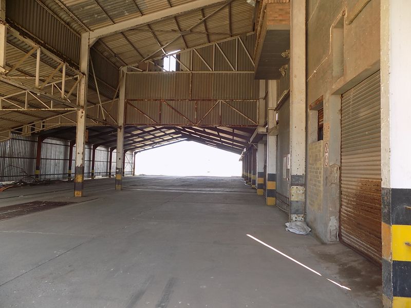 Large industrial utility space featuring high-clearance steel truss roofing, concrete flooring, and a roller shutter door, suitable for storage or workshop use.