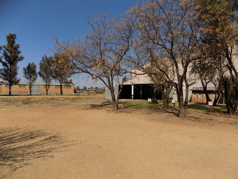 Rear exterior view of a commercial property featuring metal-clad structures, brick outbuildings, and a large unpaved yard area with mature trees.