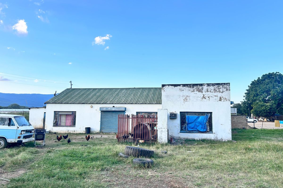 Rear view of a commercial building featuring a corrugated metal roof, roller shutter door, and security-barred windows, showing significant signs of exterior wear.