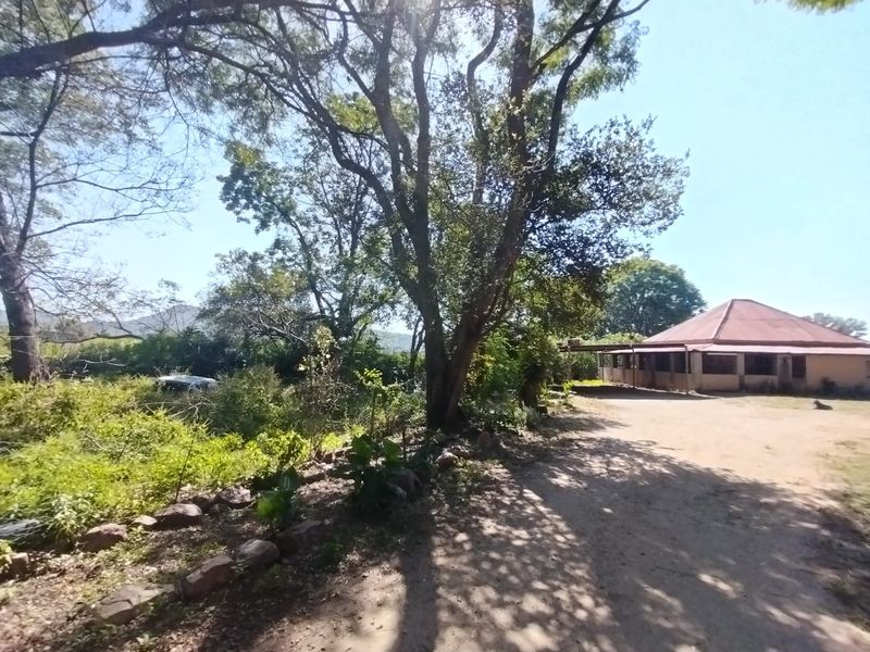 A view of the front exterior of a farm property featuring a metal roof, covered veranda, and surrounding natural landscape.