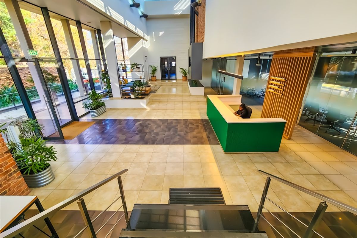 Spacious modern office reception area featuring high ceilings, a skylight, floor-to-ceiling windows, and a professional reception desk with contemporary finishes.