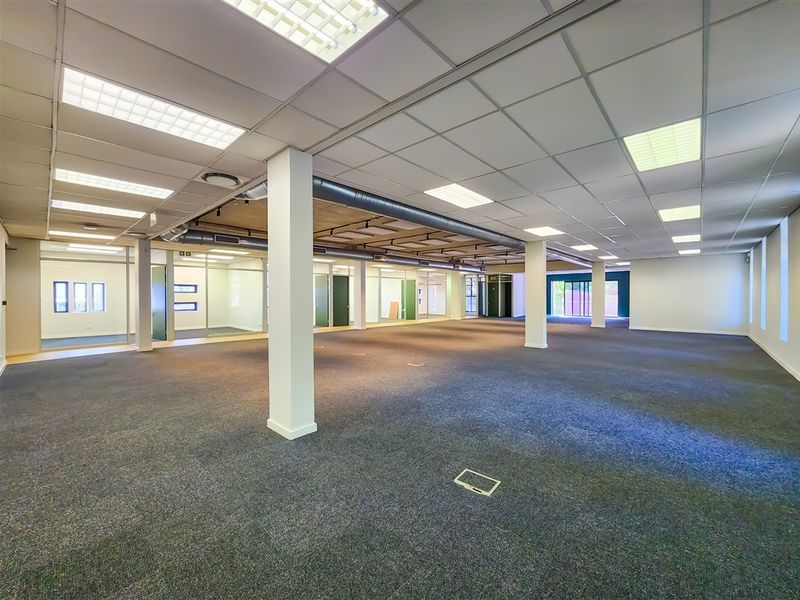 Spacious open-plan office area featuring suspended ceilings, recessed lighting, carpeted floors, and glass-partitioned private offices, offering a versatile professional workspace.