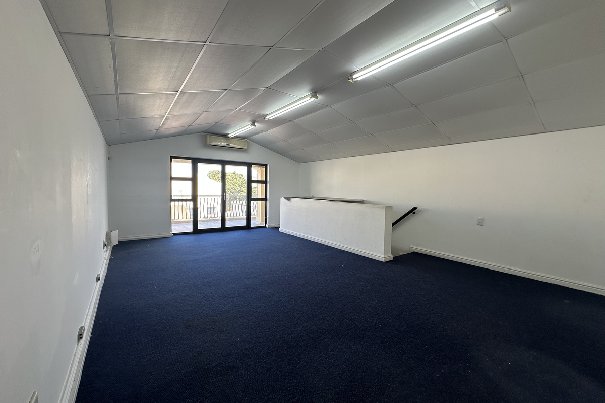 Spacious open-plan commercial office area featuring blue carpeting, a suspended ceiling with fluorescent lighting, wall-mounted air conditioning, and access to a private balcony.