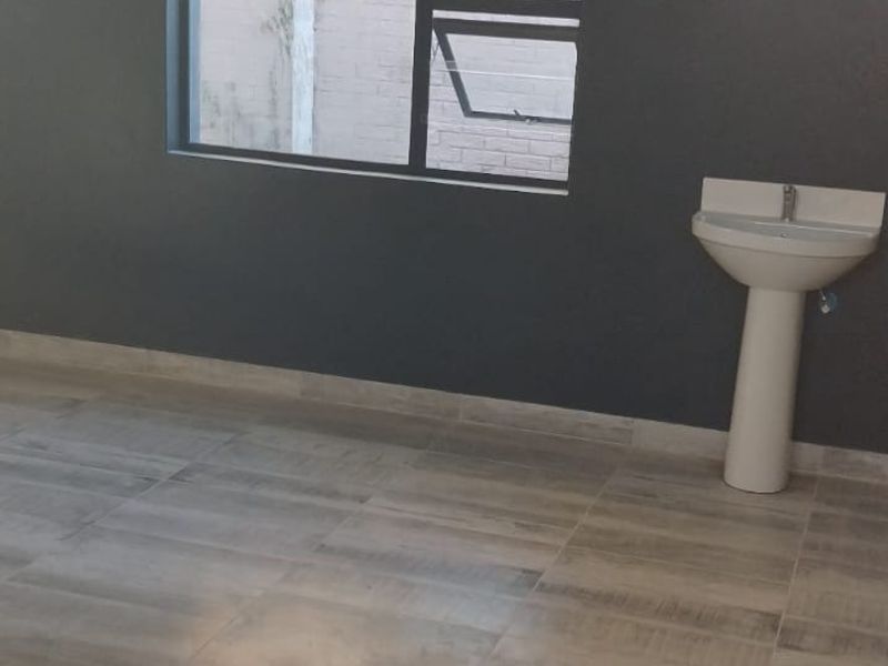 A clean, empty utility space featuring modern grey floor tiles, a pedestal basin, and a dark accent wall with an aluminium window.