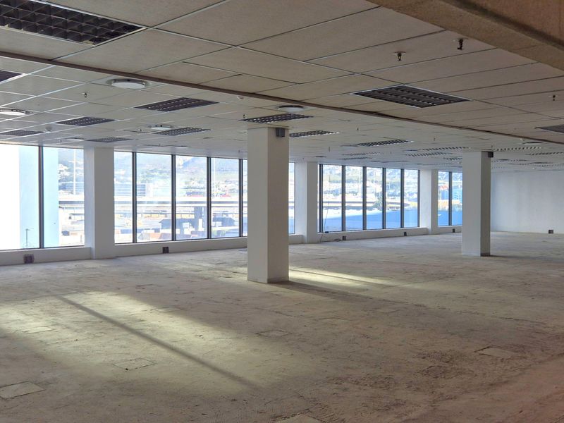 Spacious open-plan office area featuring large floor-to-ceiling windows, suspended ceilings with recessed lighting, and structural columns, offering a blank canvas for customization.