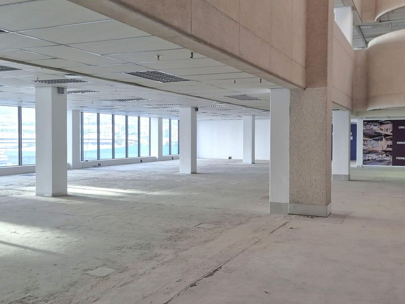 A large, open-plan office space featuring expansive windows, structural columns, and a suspended ceiling, currently in a vacant, shell-like condition.