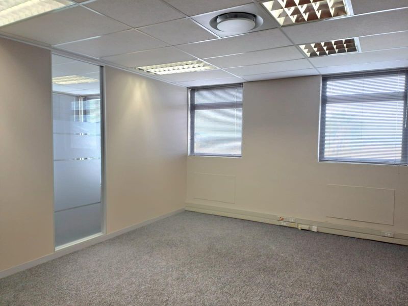 A clean, vacant office space featuring a suspended ceiling, recessed lighting, carpeted flooring, and a modern glass partition wall.
