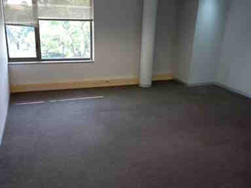 A vacant commercial office space featuring carpeted flooring, a suspended ceiling with integrated lighting, and a large window providing natural light.