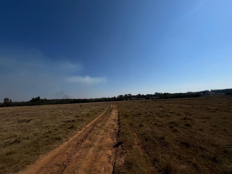 A wide-angle view of the expansive farm landscape featuring a dirt access track leading through open fields under a clear blue sky.