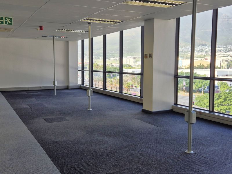 Spacious, vacant open-plan office area featuring large floor-to-ceiling windows with mountain views, suspended ceilings, and carpeted flooring.