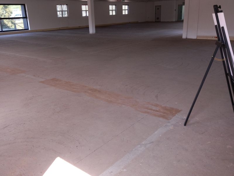 A large, open-plan office space featuring a suspended ceiling, recessed lighting, and an unfinished concrete floor, ready for custom fit-out.